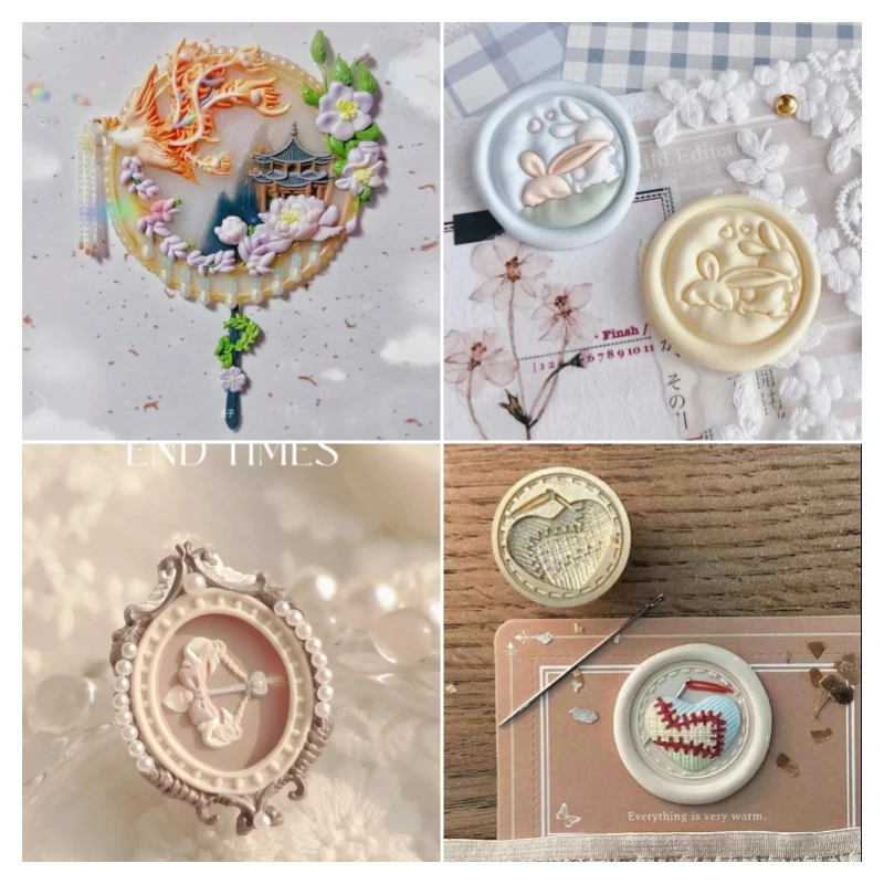 DIY fire seal Phoenix fan relief seal head cute cat carving multi-layer copperhead invitation envelope sealing stamp toy