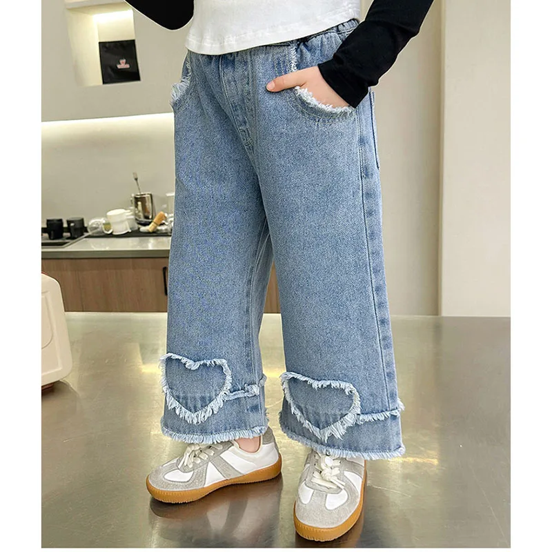 Girls Wide Leg Embroidered Jeans Pants for Kids
