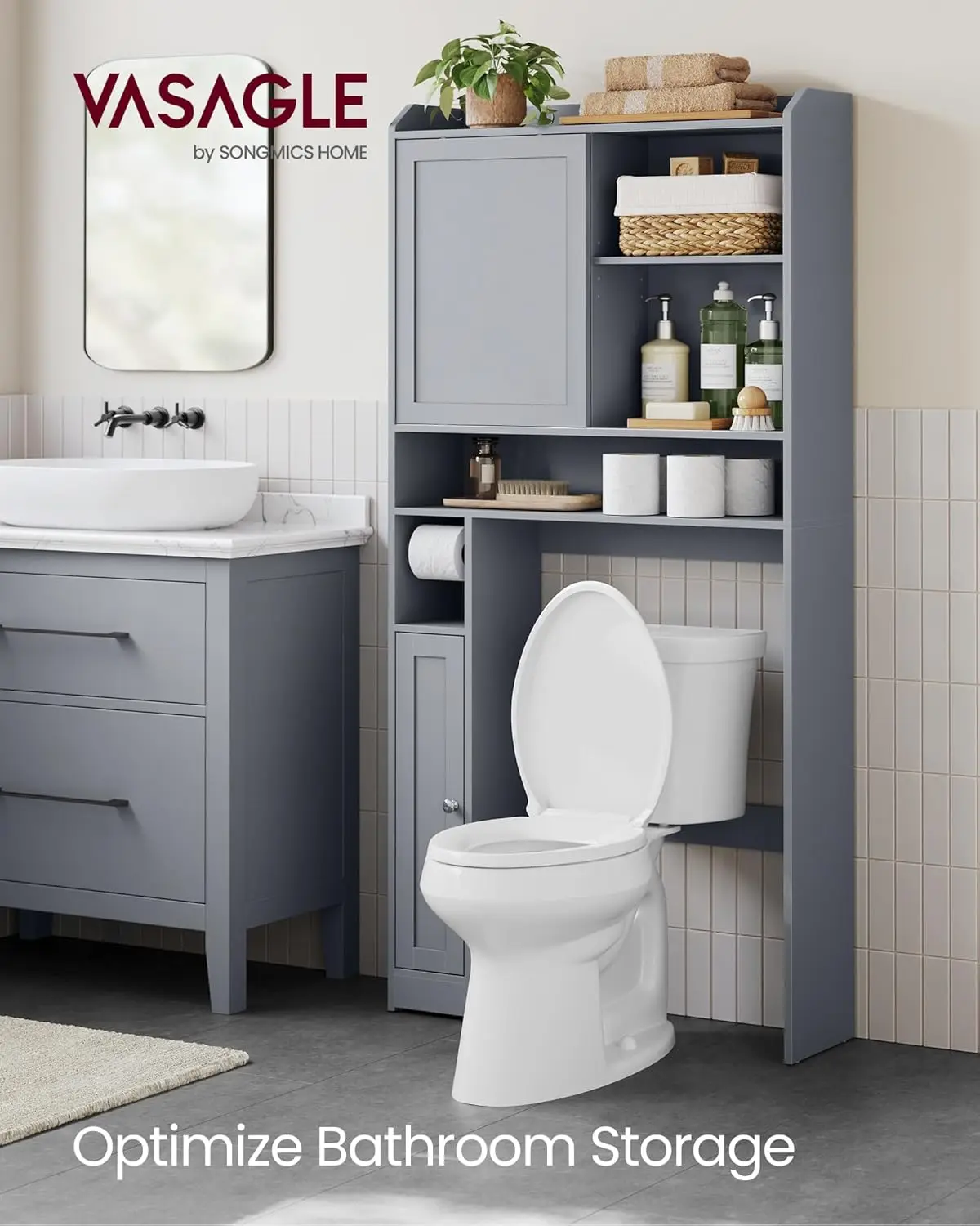 Over The Toilet Storage Shelf, Bathroom Storage Cabinet with Sliding Door, Adjustable Shelves, Toilet Paper Holder, Space-Saving