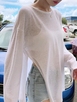 2026 Women T-shirt Summer White Long Sleeve Sun Cover-up Sexy Thin See Through Women's Tees Korean Trendy Slit  Loose Fit Tops 1