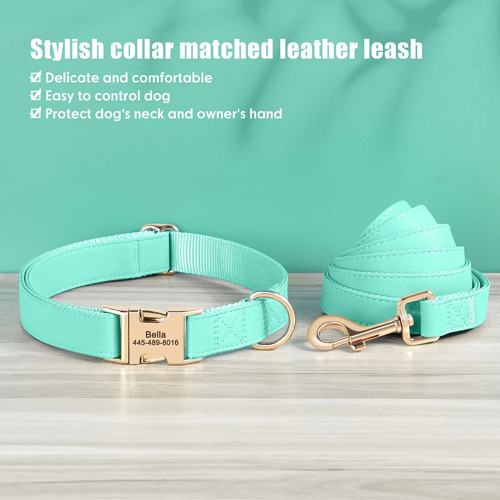 Engraved Leather Dog Collar And Leash Set For Small Medium Large Dogs_voghion.com