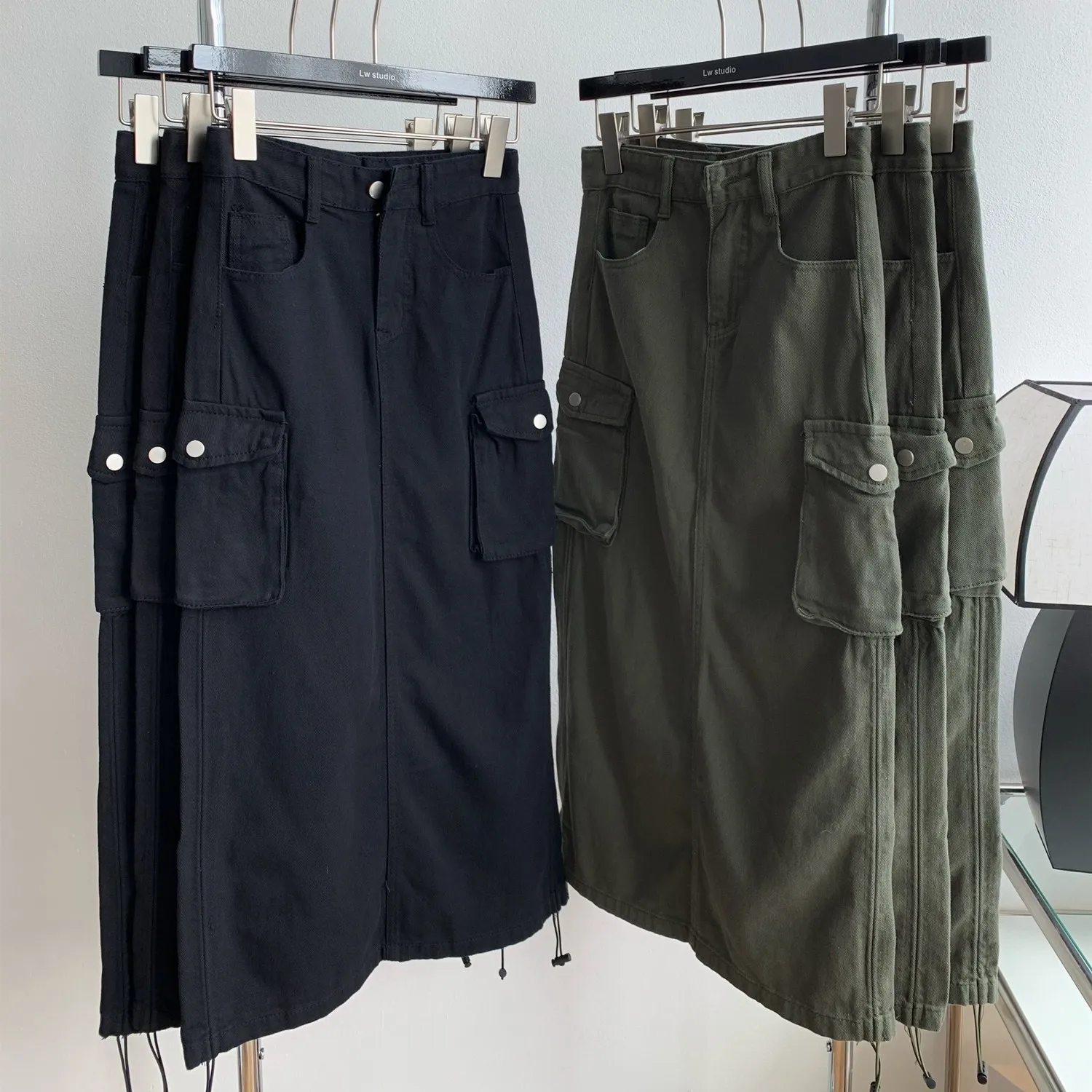 Lauri Laki Casual Baggy Long Cargo Skirts Women Pockets Streetwear Drawstring Hem High Waist