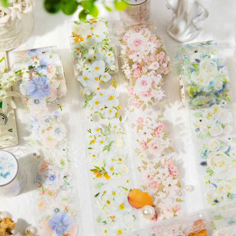 

Assorted Flower Stickers On Roll PET Scrapbooking Tape Decor Notebooks Sketchbook Collage Planner Accessories For School Office