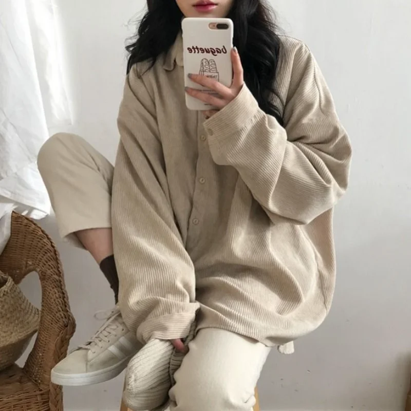 Corduroy Loose All-match Blouse Spring Autumn New Polo Neck Long Sleeve Solid Color Shirt Tops Harajuku Casual Women Clothing