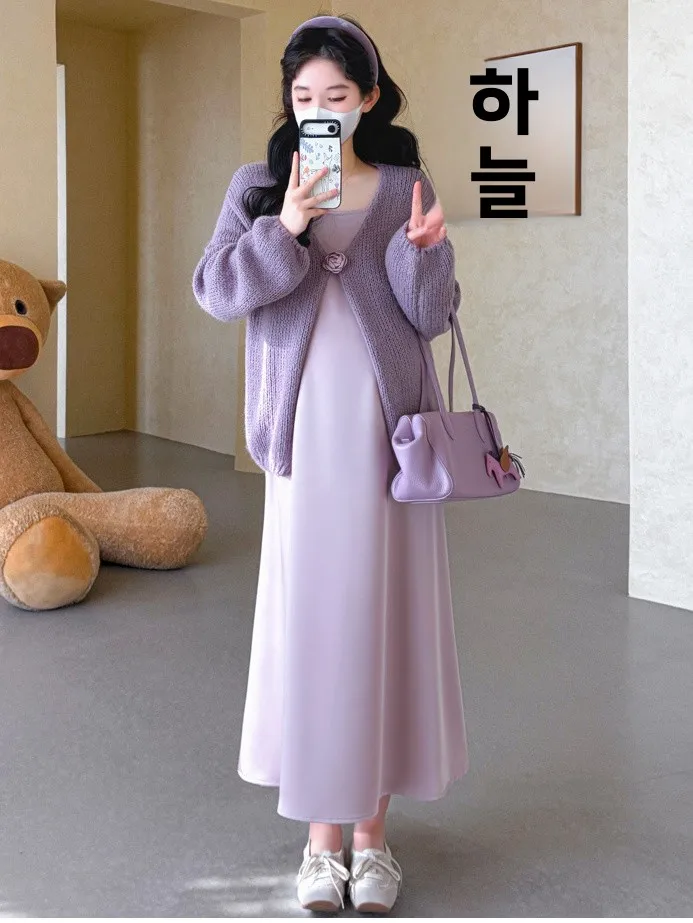 2026 봄 가을 패션 레이지 스타일 퍼플 실크 스트랩 드레스 플라워 가디건 투피스 세트 편안한 코튼 이너