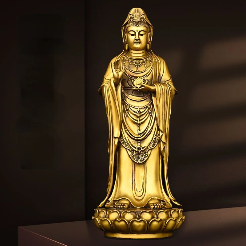 Cinese South Sea Goddess Of Mercy Pendolo Bronzo Pieno Rame Bodhisattva In Piedi Fiore Di Loto Fengshui Decorazione