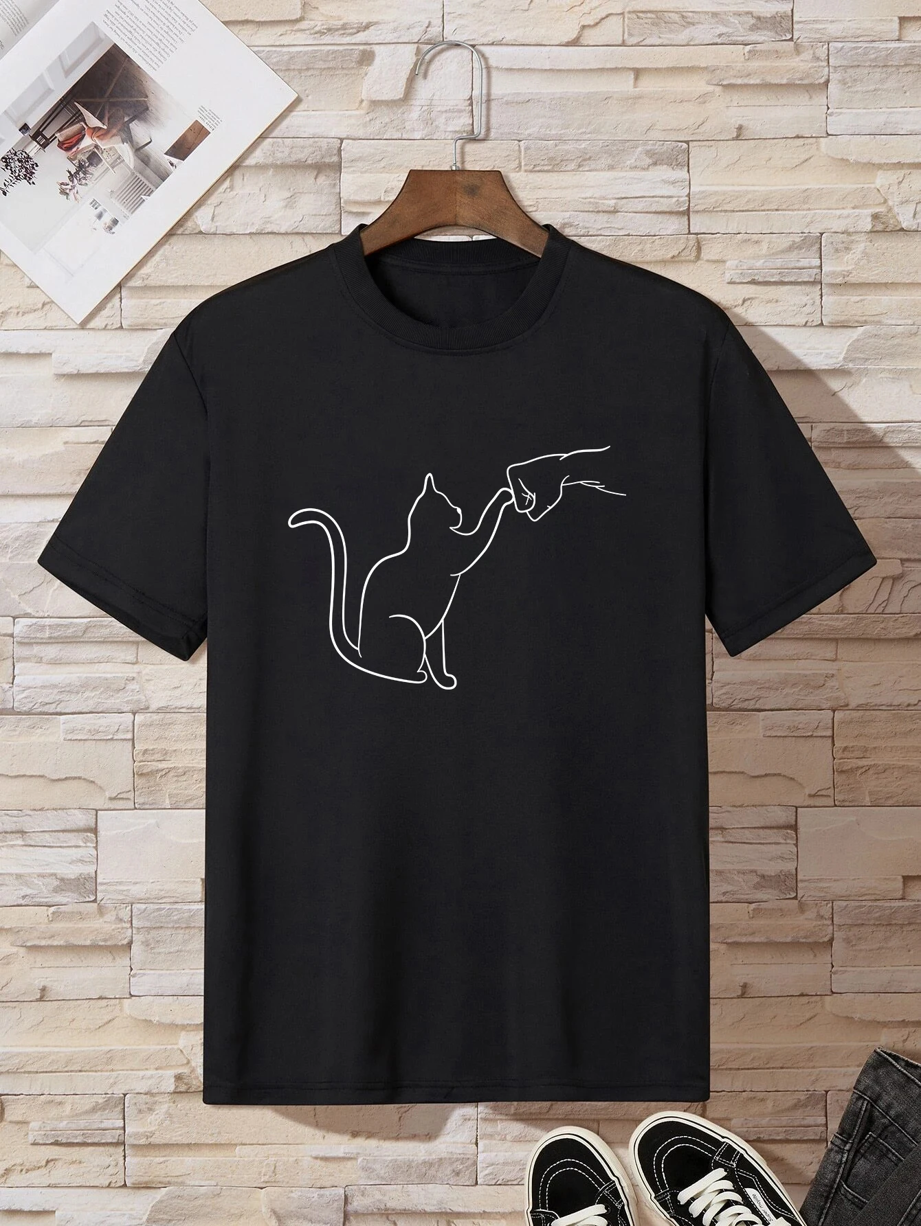 Macskamintás férfi póló, lezser, kerek nyakú, rövid ujjú, divatos, nyári pólók, felsők, normál és oversize pólók_voghion.com