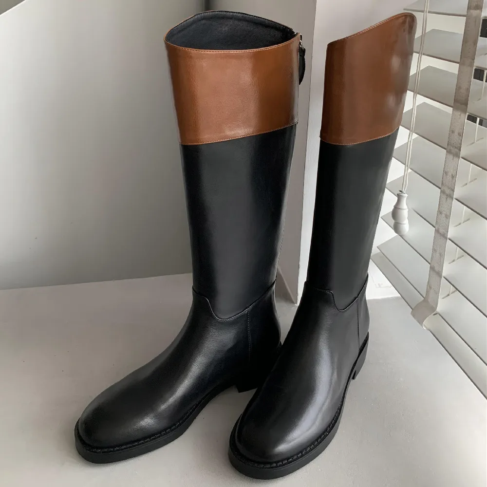 

Women's genuine leather back zip flats autumn knee high boots round toe casual warm winter long boots mic casual punk boots shoe