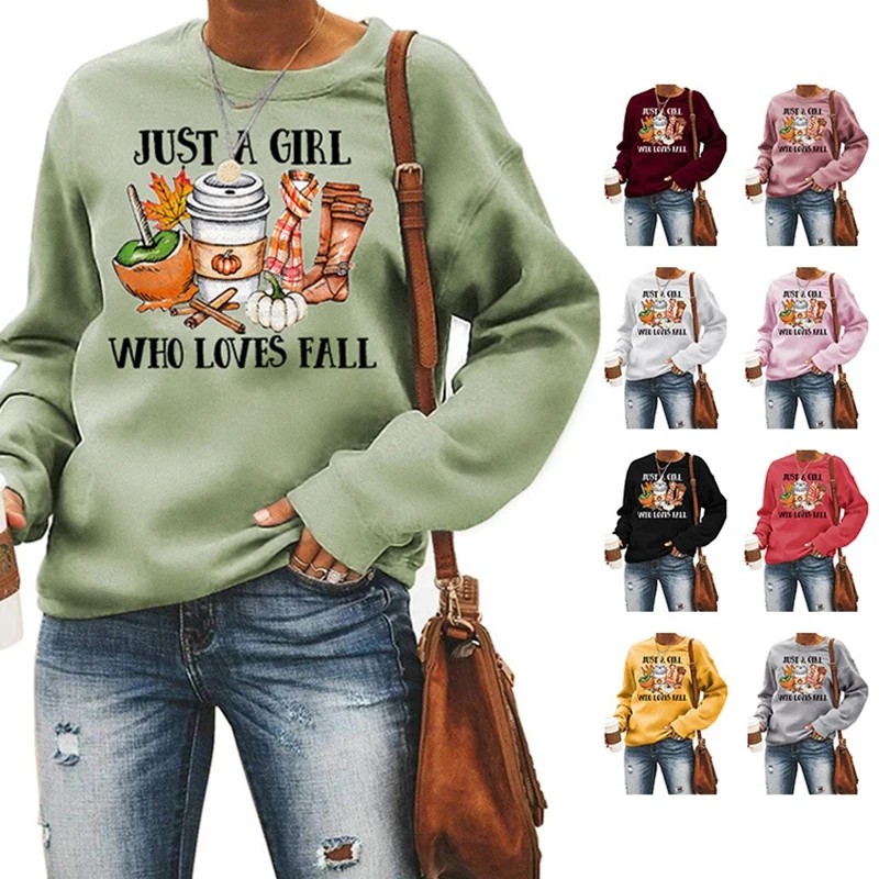 

New Autumn and winter women's cotton fashion JUST a GIRL lettering printed retro round-necked long-sleeved thanksgiving hoodie