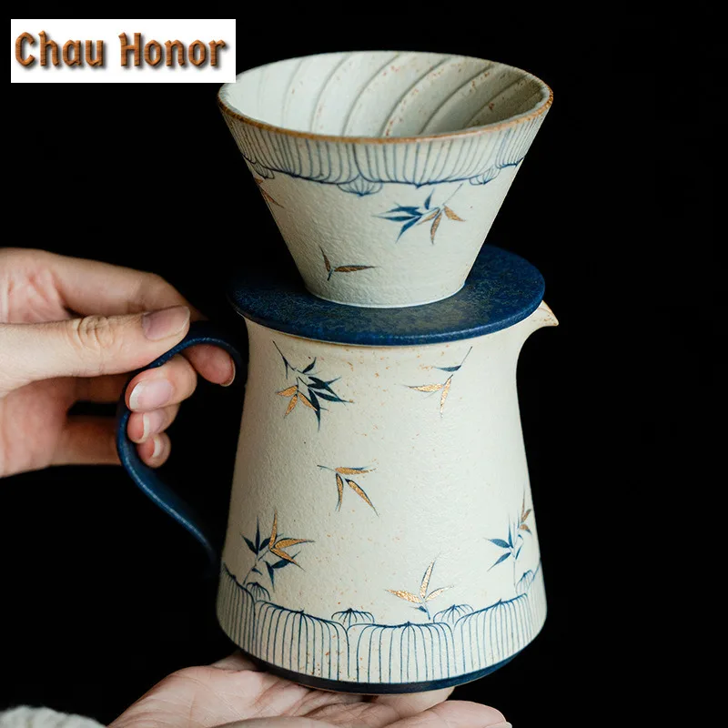 Handmade Gold Drawing Bamboo Coffee Cone Shape Drip Hand Brewing Coffee Filter Funnel Cup Coffee Dripper Pour Over Barista Mugs