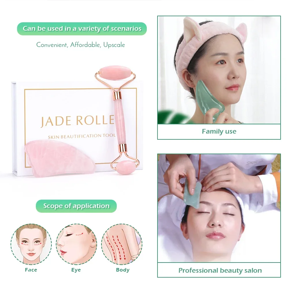 Rose Quartz Natural Jade Roller Gua Sha Scraper Set Facial Roller Massager for Face Body Neck Lifting Tighten Slimming Skin Care