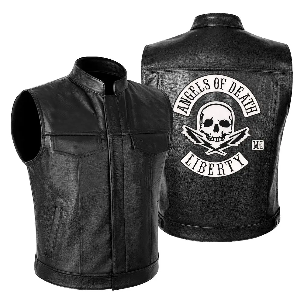 Skull Print Motorcycle Biker Leather Vest Mens PU Leather