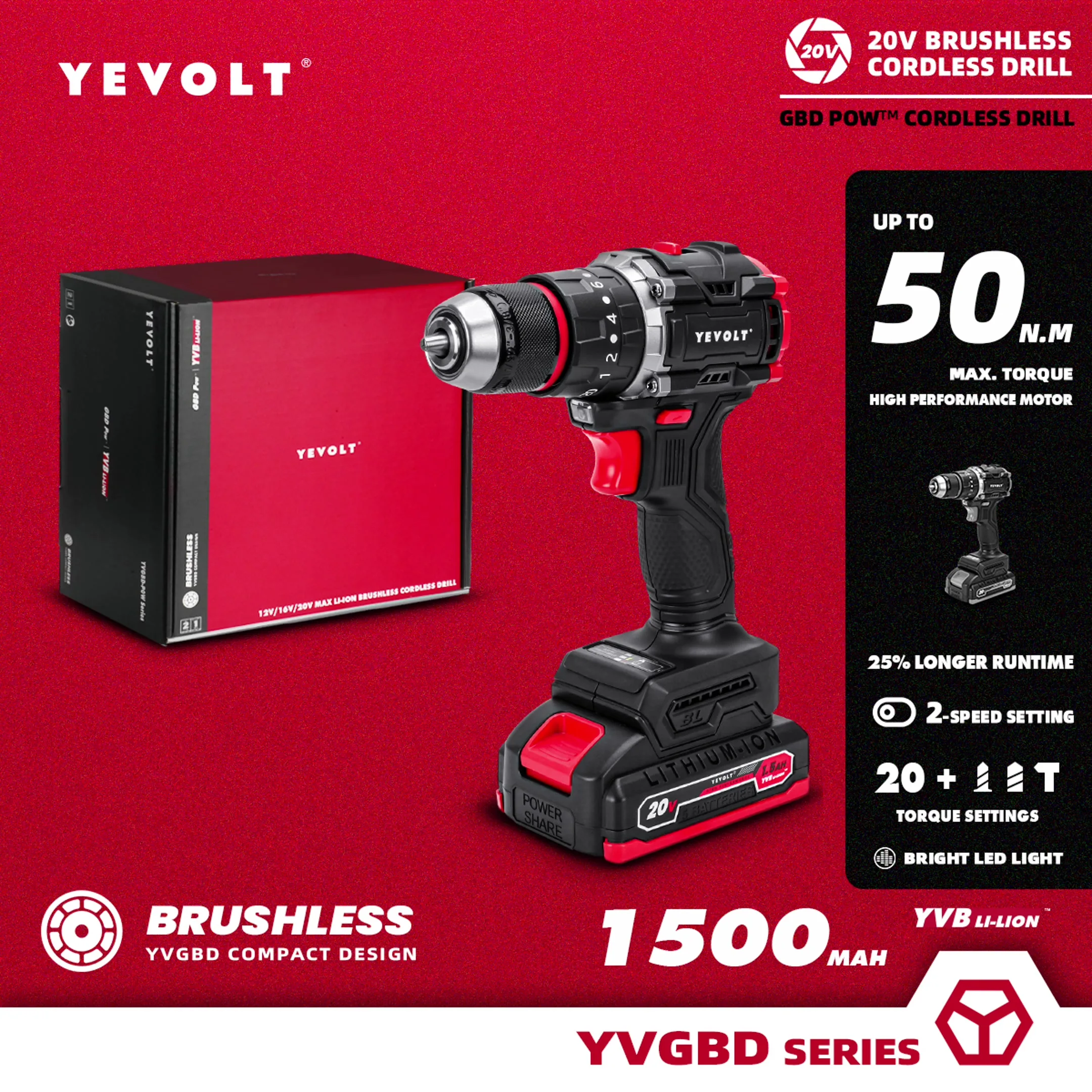 Набор бесщеточных электрических дрелей YEVOLT YVGBD20DU3 серия 20 В + 3 ударная