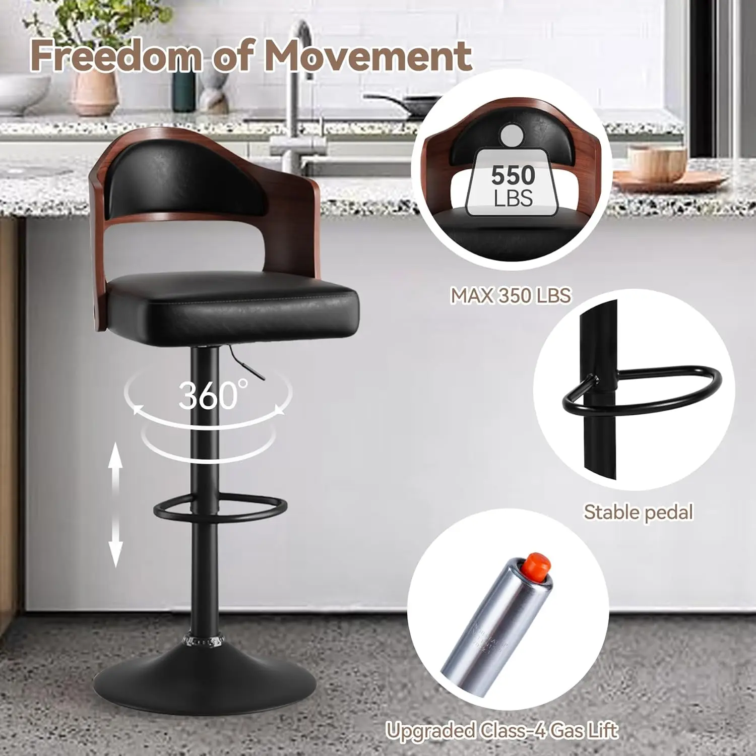 Swivel Bar Stools Set of 3 Seat Adjustable Height 24.5-33.5IN, Wooden Barstools PU Leather Upholstered Bar Chairs with Back