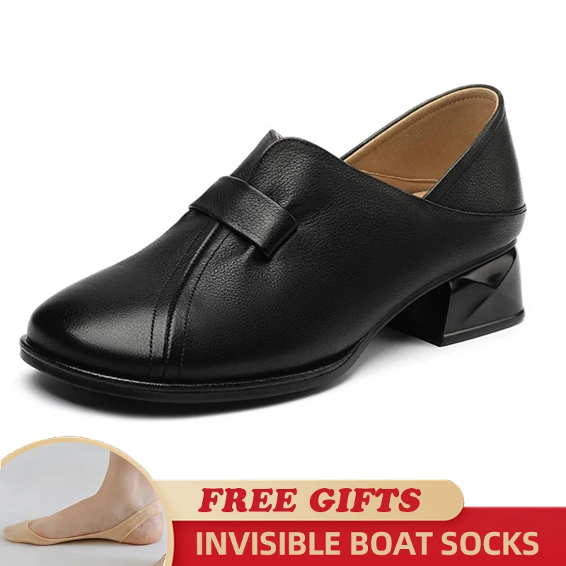 

Fashion Women Spring Shoes Genuine Leather 2023 New Fashion Mid Heel Women Dress Shoes Casual Loafers Ladies Mary Jane Shoes