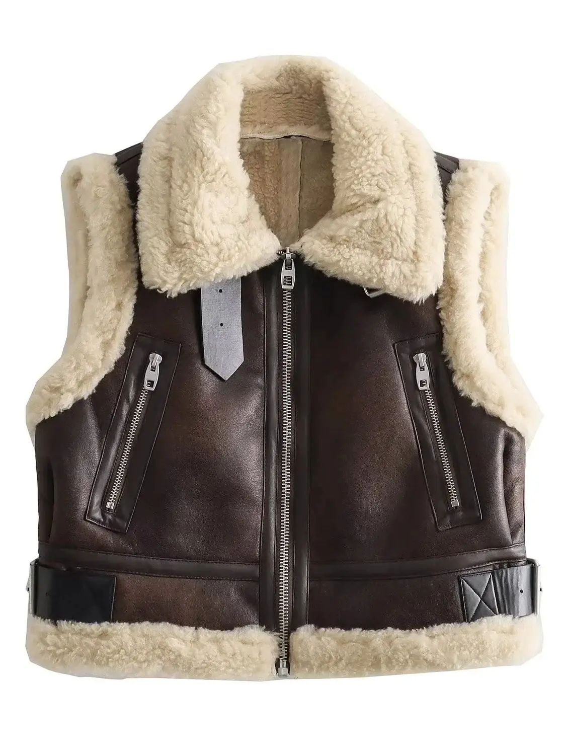 

XNWMNZ Women's Fashion 2023 Autumn/Winter Double Faced Faux Fur Crop Gilet Women Zipper Pocket Versatile Top Female Waistcoat