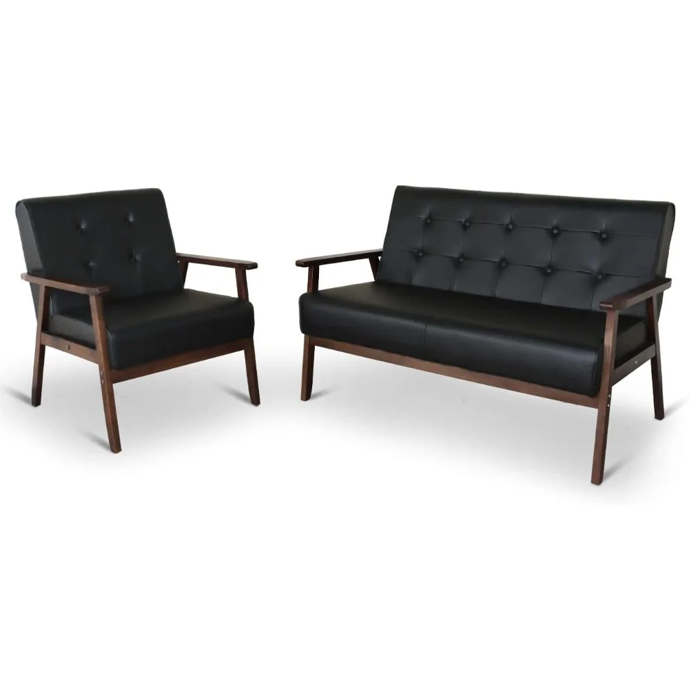 Description Picture 2 of itemMid-Century Retro Modern Accent Chair Wooden Arm Upholstered Tufted Back Lounge Chairs Seat