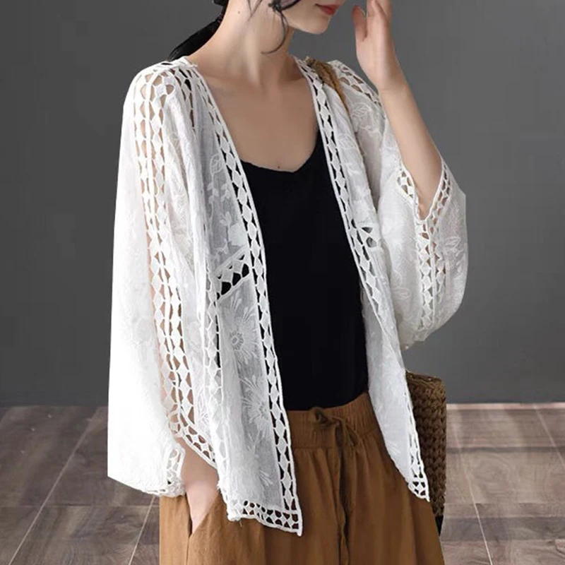 Boho knitted hollow-out coat thin holiday wind bat sleeve loose top all match shawl