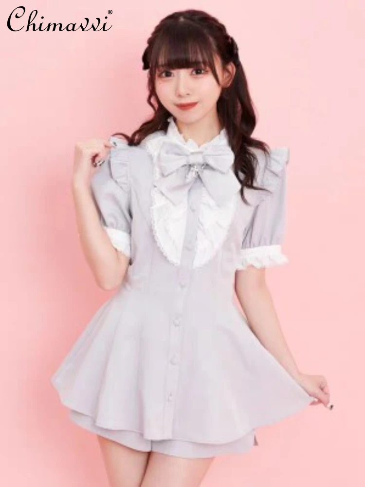 

Shorts Set Women 2023 Summer Japanese Style Detachable Bow Ruffled Half Turtleneck Puff Short Sleeve Top Shorts Two-Piece Set