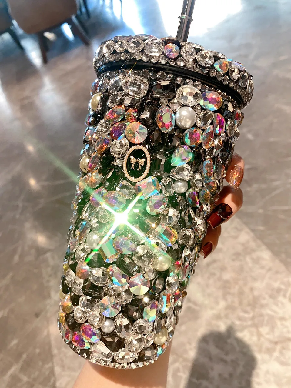 500ml Big Bling Rhinestone Sparkle DIY Handmade Stainless Steel Luxury Car Cup with Straw 2