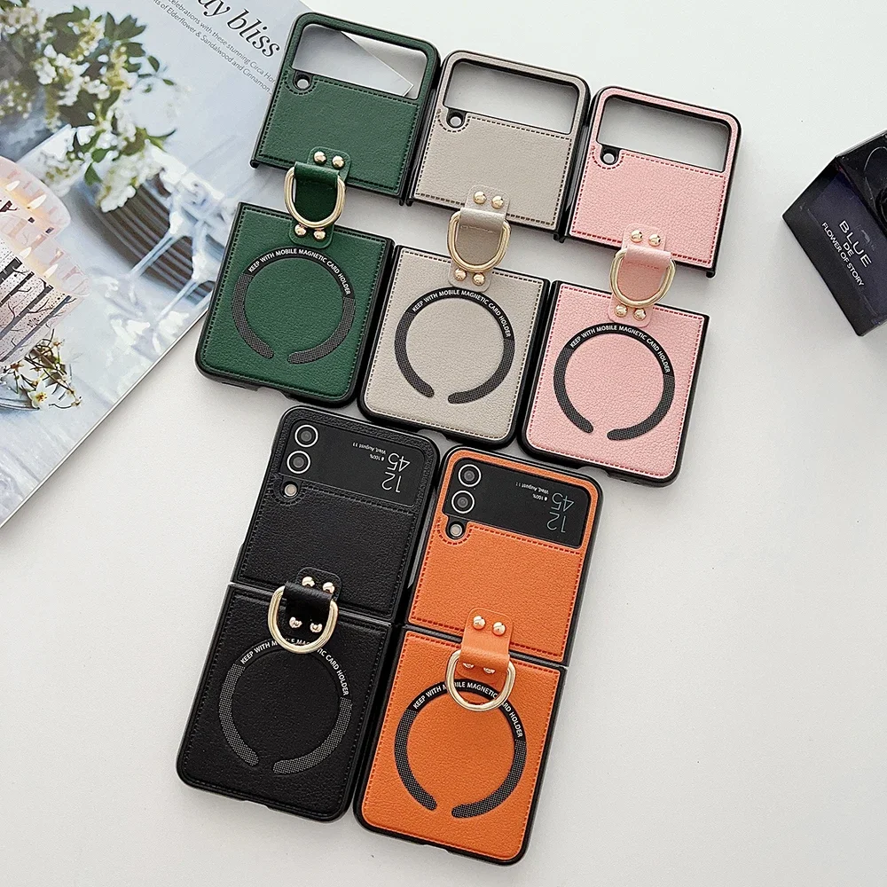 Premium PU Leather Magnetic Phone Case with Ring Holder and Magsafe Wireless Charging Compatibility