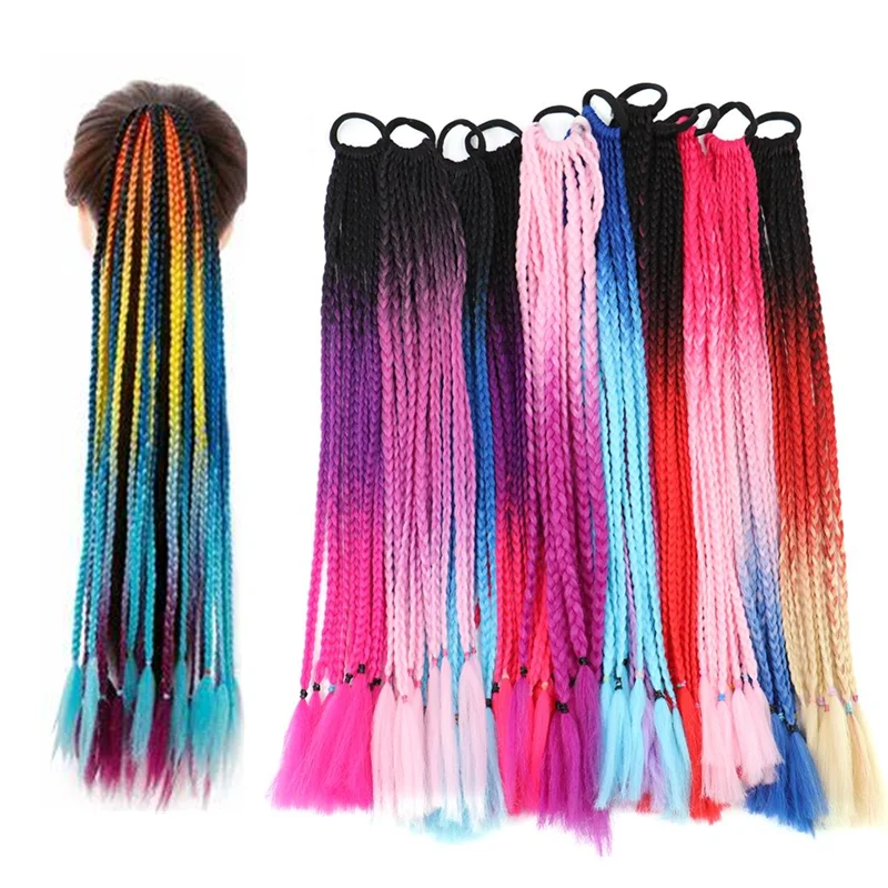 60CM Hair Color Gradient Rainbow Dirty Braided Ponytail Women Elastic Hair Band Rubber Band Accessories Wig Headband 22" clip in ponytail hair extension synthetic ponytail synthetic hair accessories clip in ponytail extensions
