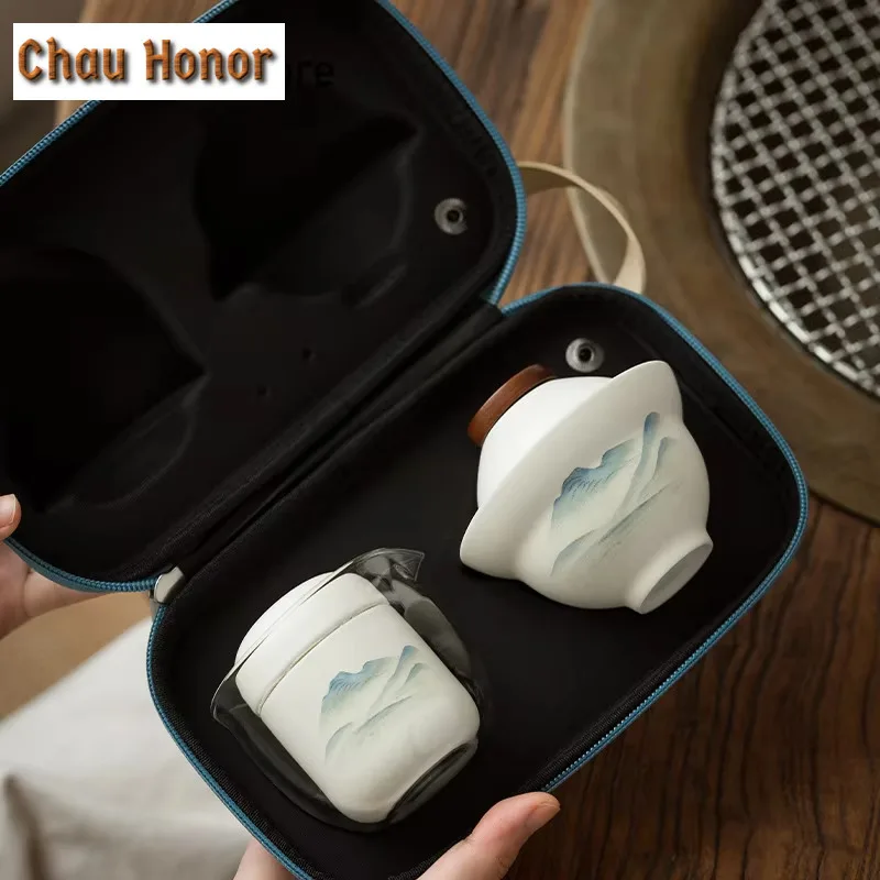 Customize Chinese Landscape Kung Fu Teaset Ceramic Portable Teapot Set Travel Gaiwan Tea Cup of Tea Ceremony Teacup Carrying Bag