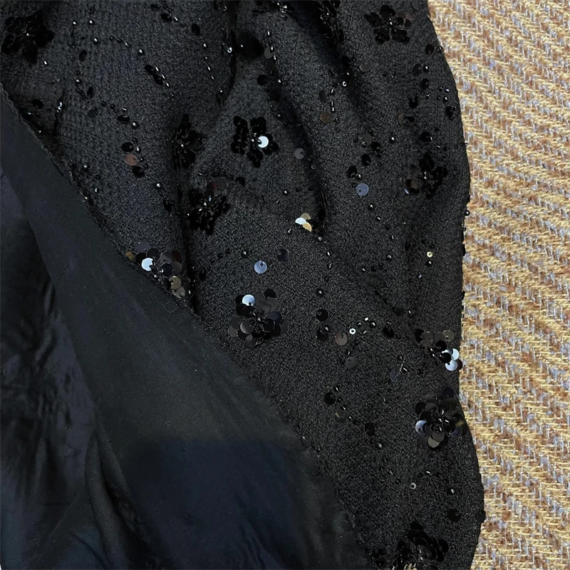 New Heavyweight Black Bead Embroidered Hand Woven Blended Tweed Fabric 100x150cm Patchwork Fashion Designer Materials By Meter