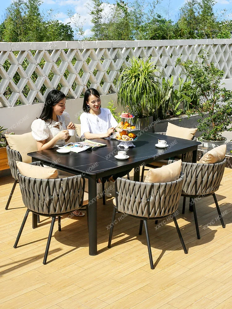 Outdoor Table and Chair Courtyard Outdoor Aluminum Alloy Stone Plate Leisure Rattan Waterproof and Sun Protection