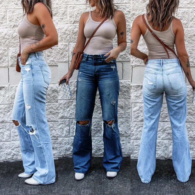 

FUAMOS Fashion Hole High Waist Retro Slim-fit Jeans Women's Street Loose European American Micro-flared Trouses Woman Pants