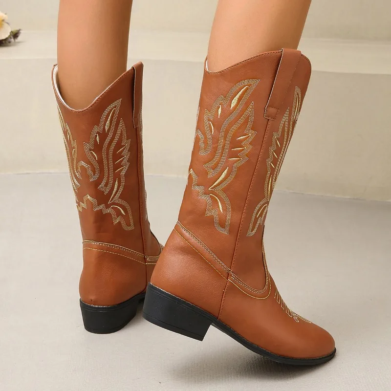 Winter Shoes for Female Slip-on Embroider Women's Mid-Calf Boots Square Heel Pointed Toe Women's Shoes Comfortable Ladies Boots