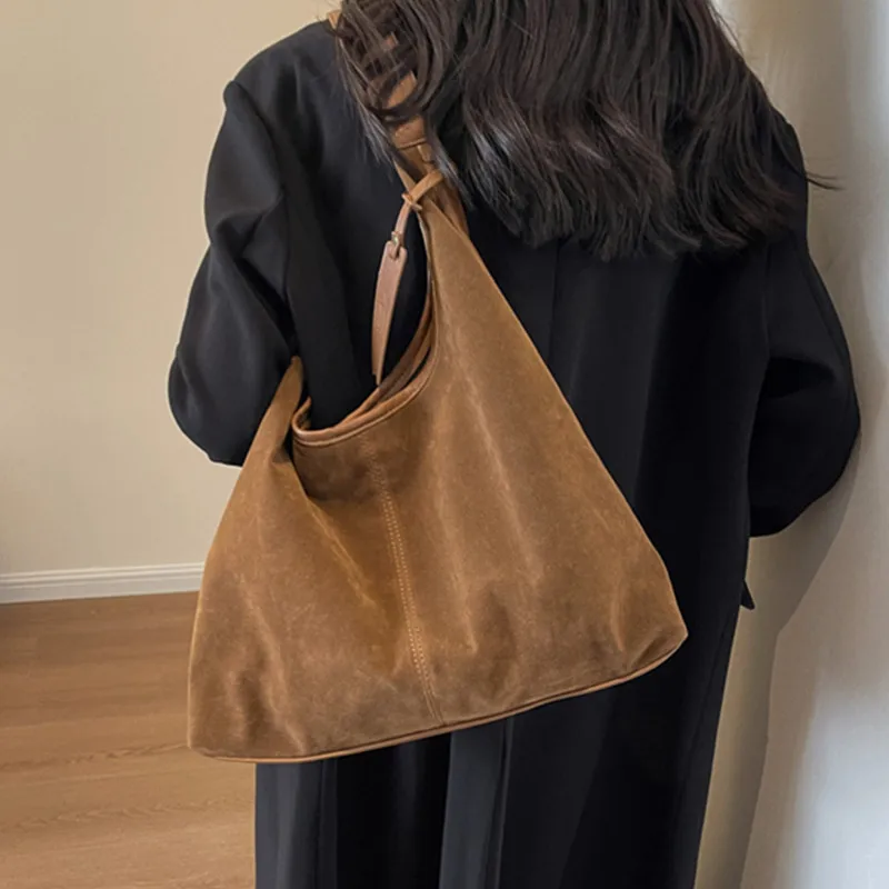 Women Suede Hobo Bag Vintage Shoulder Bag Autumn Winter Handbag Solid Color Large Capacity Shopping Bags Purse for Ladies Totes