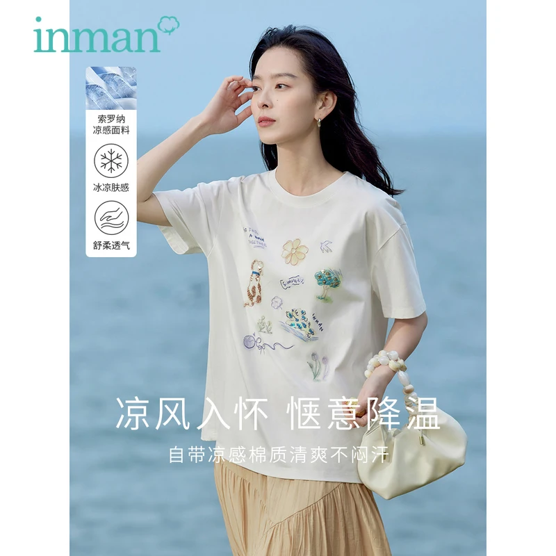 

INMAN Women T-shirt 2023 Summer Short Sleeve Round Neck Loose Tees Cute Funny Pattern Print Yellow White Casual Chic Tops