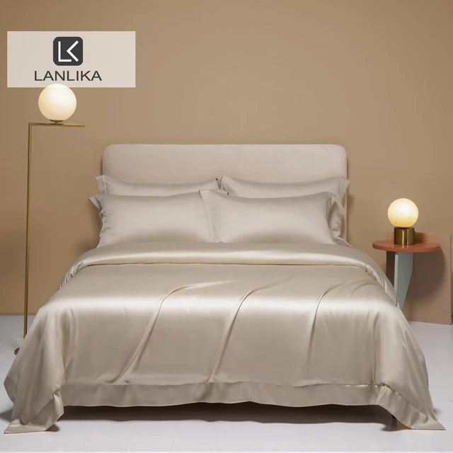 Parure de lit Lanlika pour femme en soie naturelle 100 %, couleur unie camel, pour lit Queen et King, comprenant housse de couette, drap plat et taies d'oreiller 1