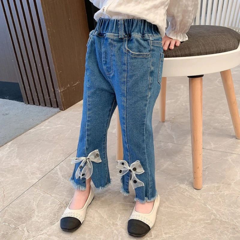 

2022 New Spring and Autumn Children's Clothing Baby Girls' Stretch Trousers Children's Pants Bow Bell-Bottom Pants Cropped Pants