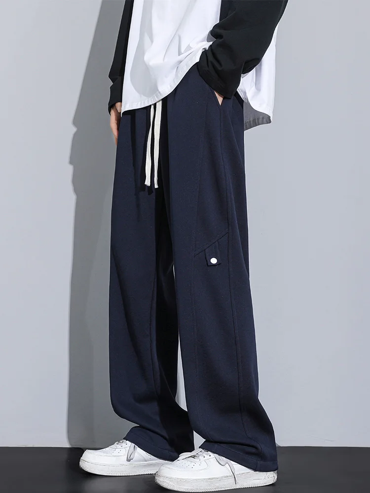 Wide Leg Pants Autumn New Men's Sweatpants Korean Fashion Solid Color String Banding Wide Leg Track Pants Straight Loose Cotton Trousers