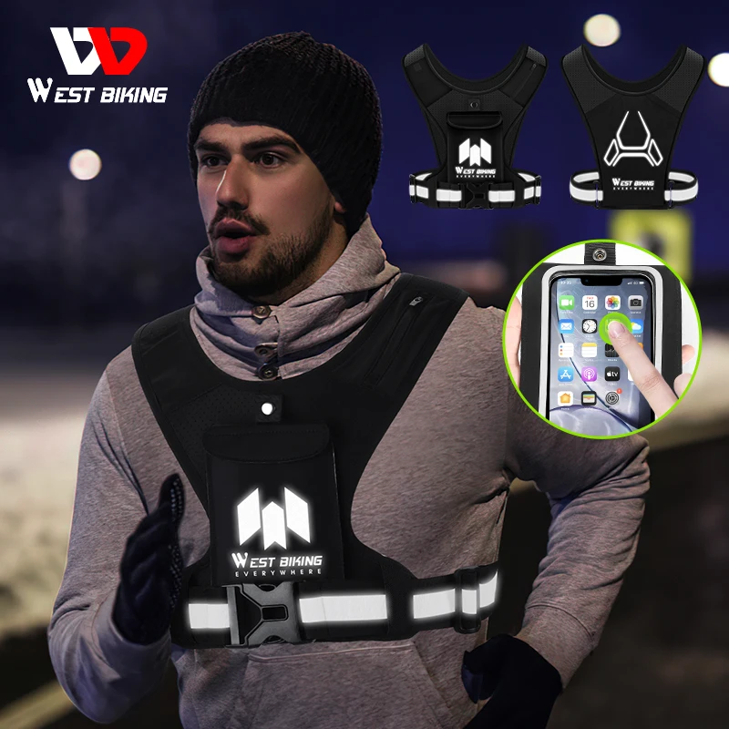 West Biking YP0701348 Cycling Reflective Vest Motorcycle High Visibility Running Vest With Phone Holder Water Bottle Bag Safety Sport Vest