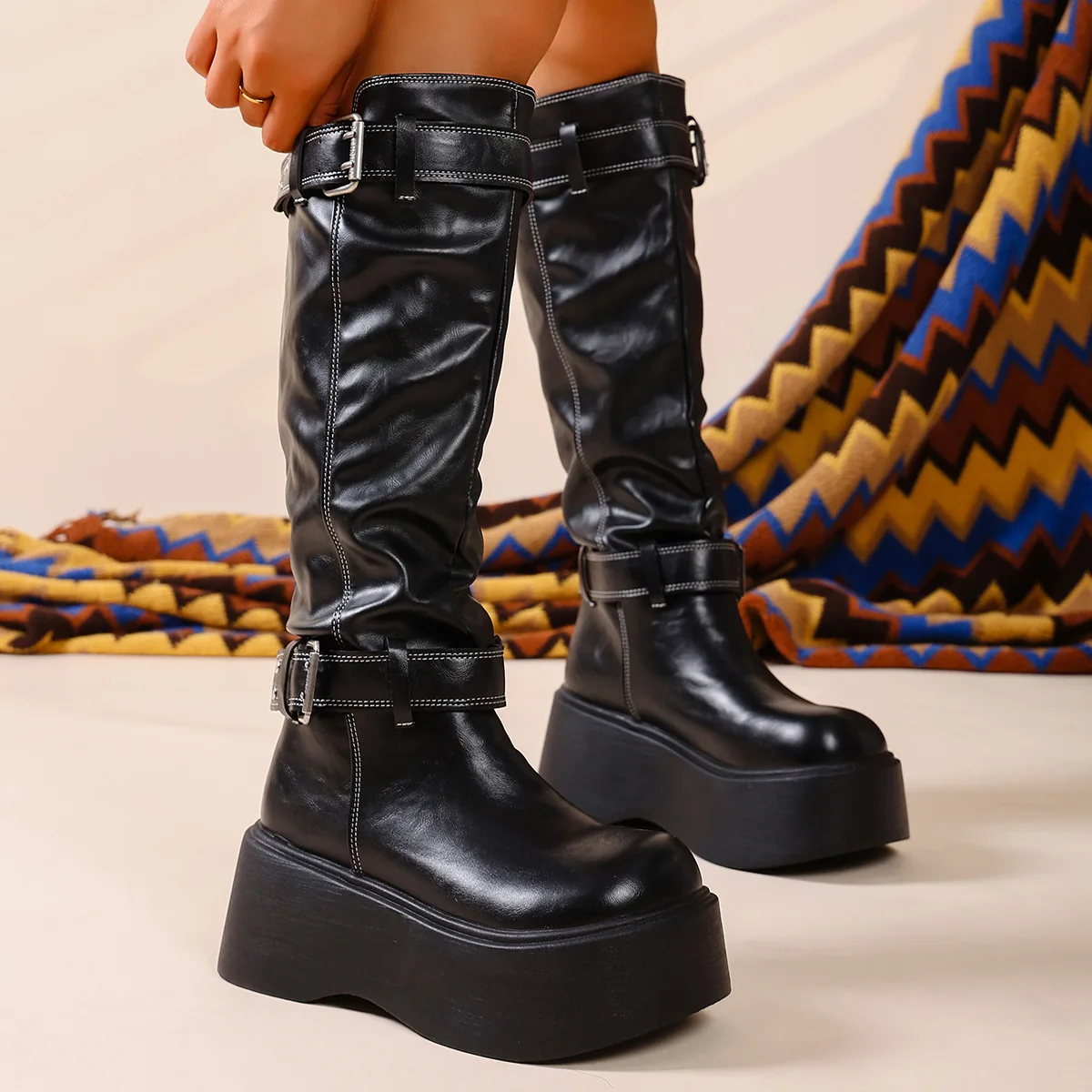Women's Punk Style Knee High Boots Round Toe Leather Platform_voghion.com