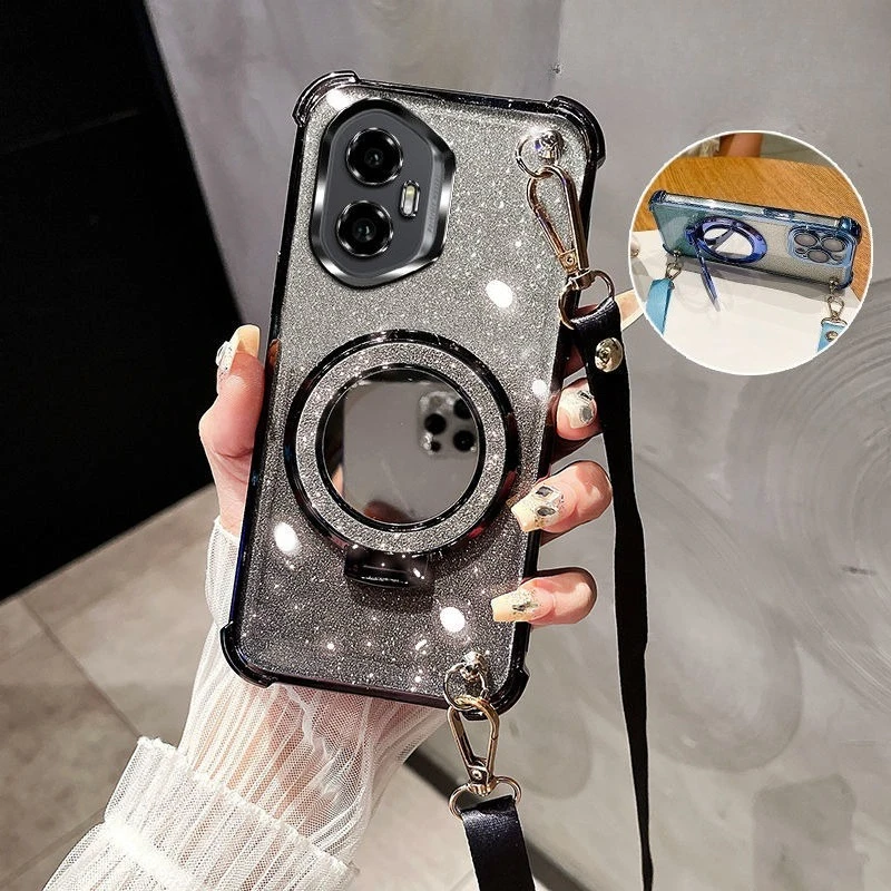 Glitter Plating Mirror Shockproof Crossbody Lanyard Phone Case with Magsafe Holder