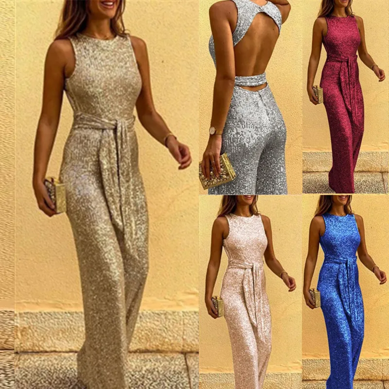 

2023 New Round Neck Sleeveless Personalised Sequin Silver Dot Jumpsuit Women's