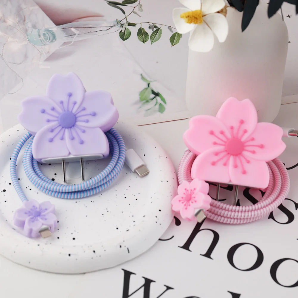 Purple Charger Petal: Cherry Blossom Fast Charging Cable with Protective Case and Winder Organizer