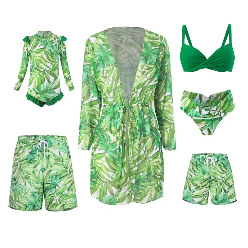 Leaf Print Swimwear Family Matching Outfits Look Mother Daughter Bikini Swimsuits Mommy and Me Clothes Dad Son Swimming Trunks 5