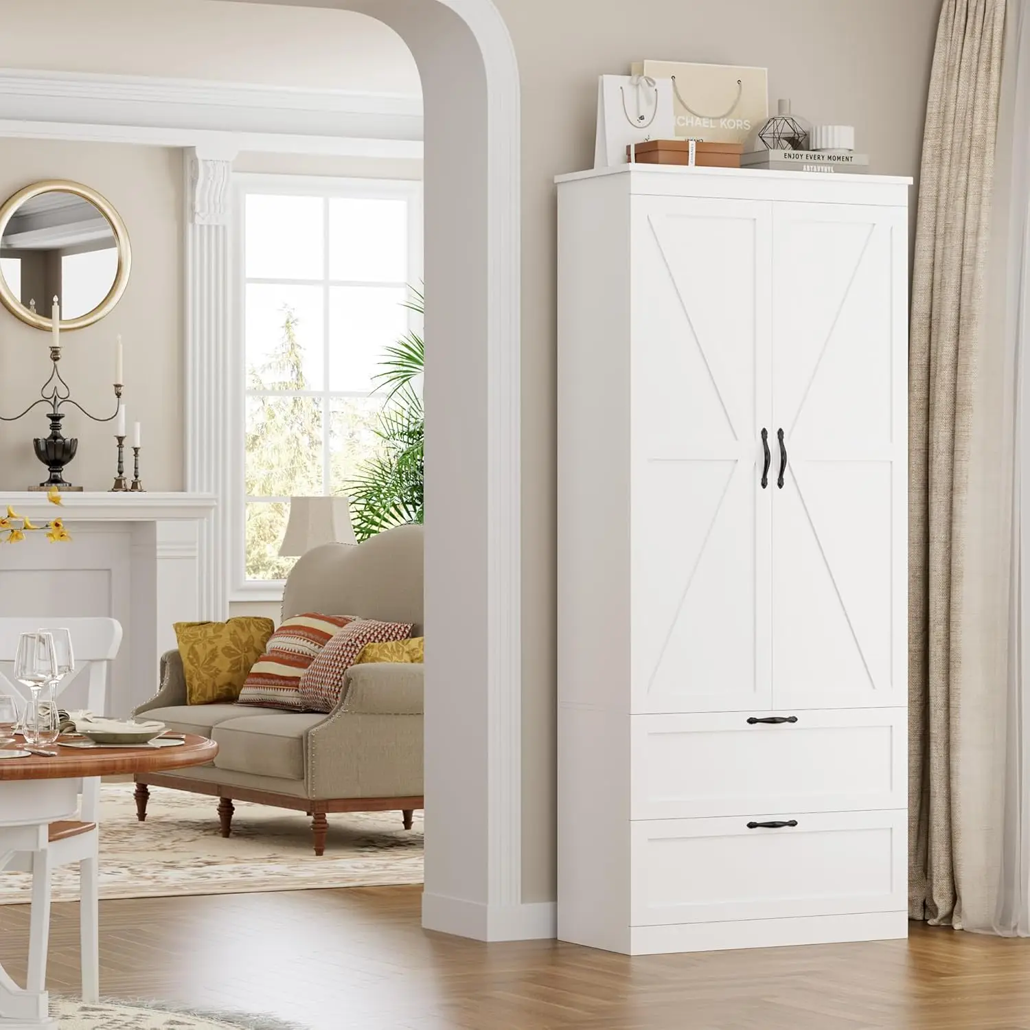 70" Tall Kitchen Pantry Storage Cabinet, Barn Doors Pantry Cabinet with Drawers and Adjustable Shelf 2