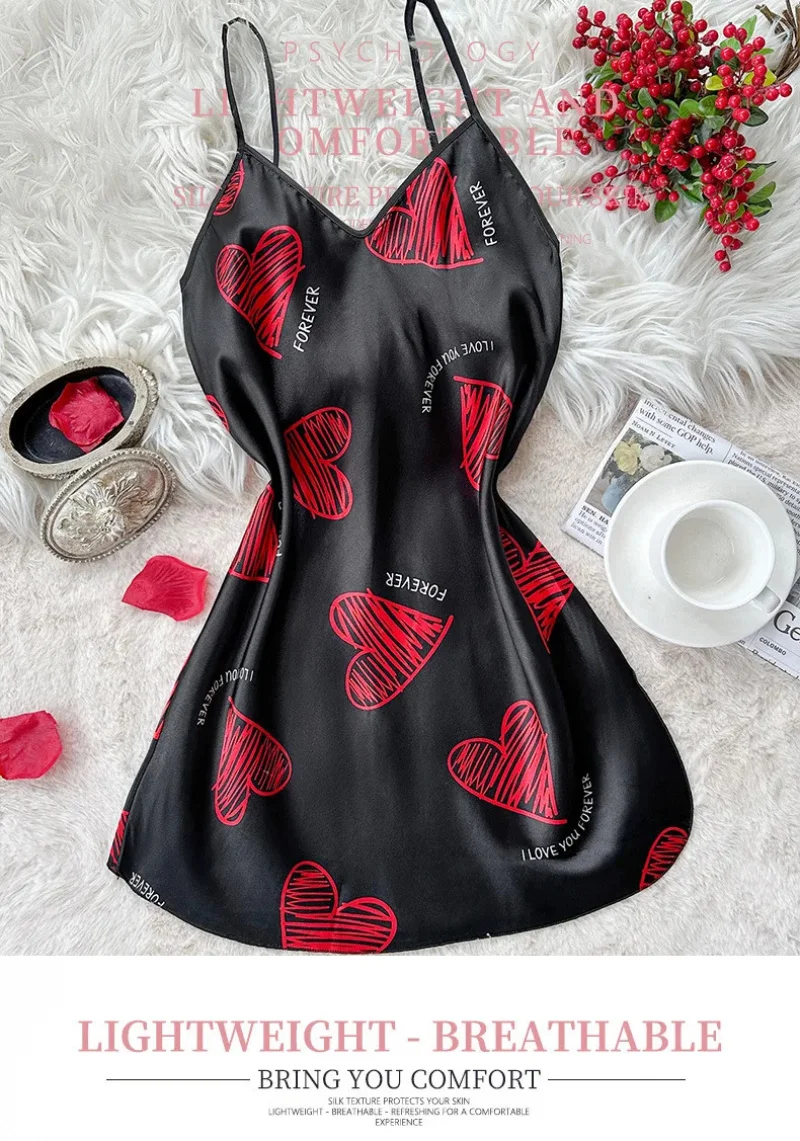 Valentine's Day Red Lip Print Satin Slip Nightdress V Neck Backless Mini Sleep Dress Women's Sleepwear Dresses