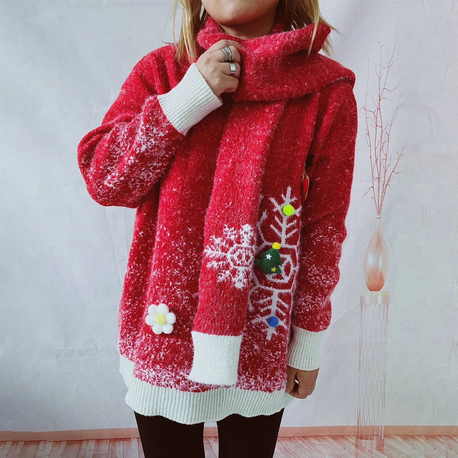 

Round Neck Christmas Print Knitwear Tops Jumper Sweater Female Casual Christmas Sweaters Women Warm Knitted Pullover+ Knit Scarf