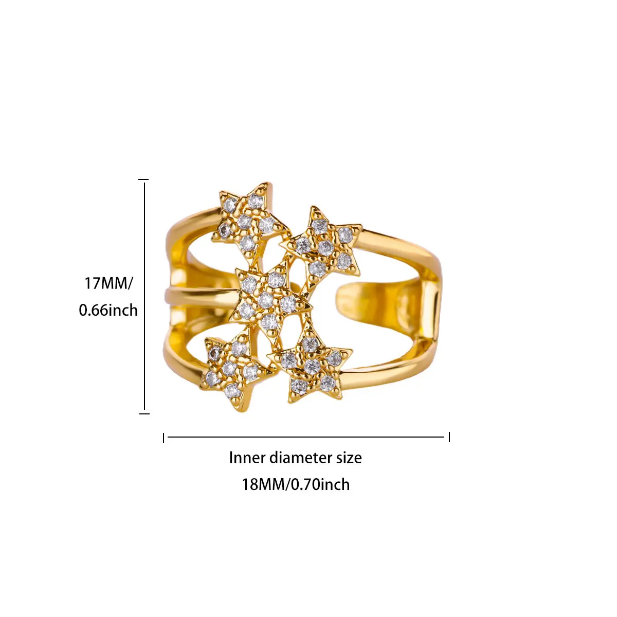 Luxury Zircon Stars Rings 18K Gold Plated Metal Crystal Star Adjustable Ring