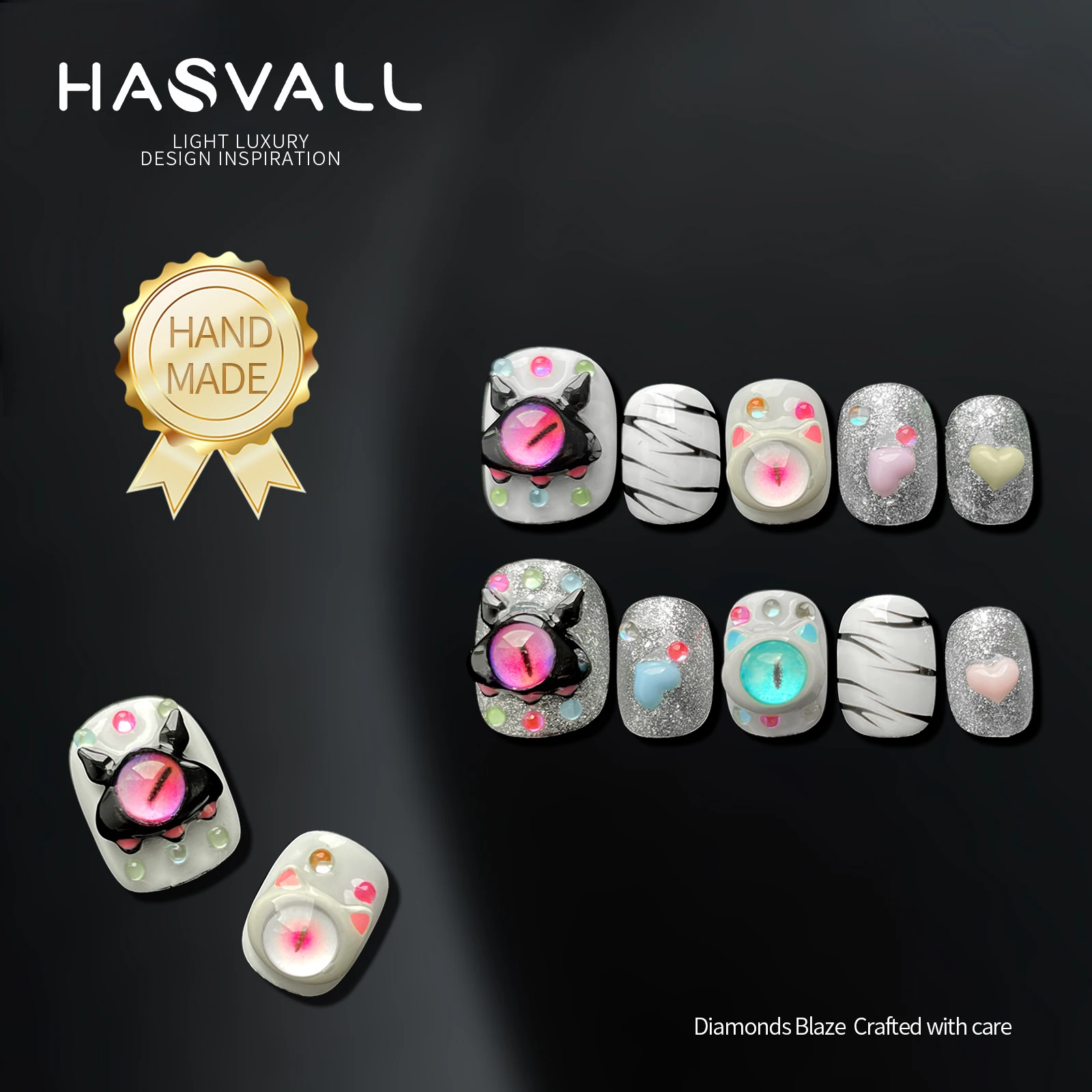 

HASVALL Press on Nails Short Square Handmade False Nails Acrylic Nails White Little Monster Eyes Full Cover Fake Tips for Women