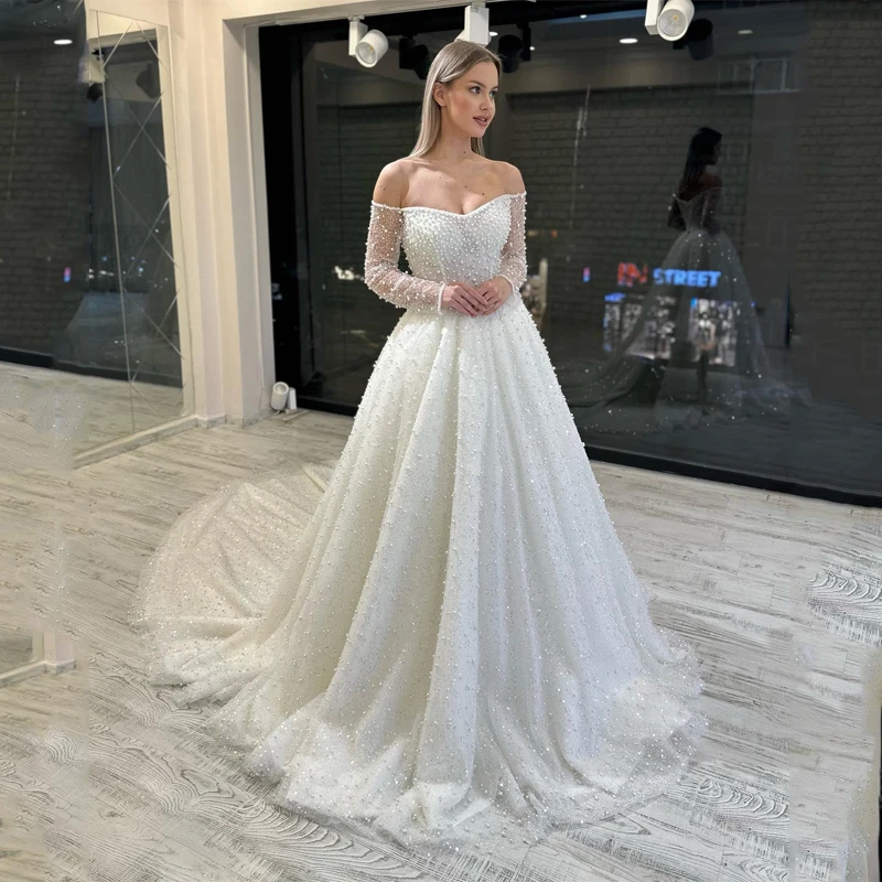 

Luxury Shiny Sequined Pearls A-Line Wedding Dress Romantic Off the Shoulder Long sleeved Lace Up Princess Bridal Gown Vestido De