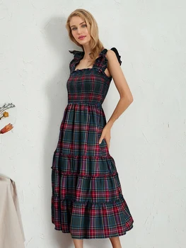 Women's Sleeveless Plaid Print Ruffled A-Line Dress for Summer Beach Party and Streetwear Fashion 1