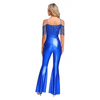 Women Metallic Shiny Dance Jumpsuit Sequin Tassel Sleeveless Bell Bottom Long Pants Bodysuit Romper for Jazz Music Festival - Image 2
